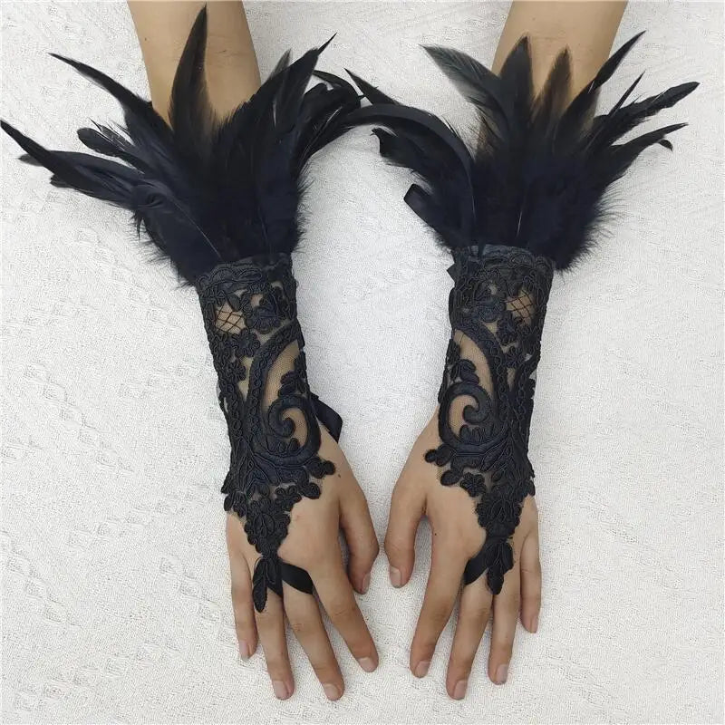 Mesh Gloves Women Halloween Lolita Cosplay Y2k Feather Cuffs Fingerless Mittens Lace Black Long Rave Accessories Feather Apparel - Daisan Mart