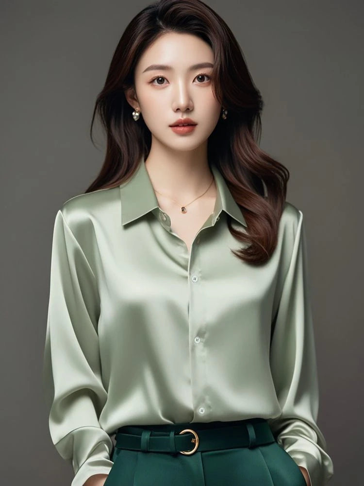 Áo Sơ Mi Lụa Công Sở Nữ Hàn Quốc Dài Tay Thanh Lịch