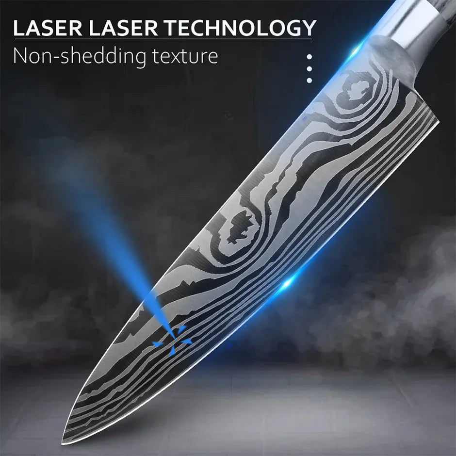 Japanese Santoku Kitchen Knife Set 7Cr17 440C Damascus Pattern