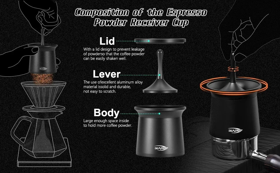 IKAPE Coffee Blind Shaker, Espresso Powder Receiver Cup, Coffee Powder Receiver Container Fits 51/54/58mm Portafilters, Silver