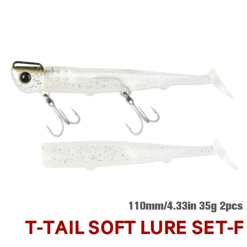 TSURINOYA Sinking Large Baits 110mm/35g Long Casting Jig Head T Tail Soft Lure Set 2pcs Tail Flounder Seabass Fishing Lure