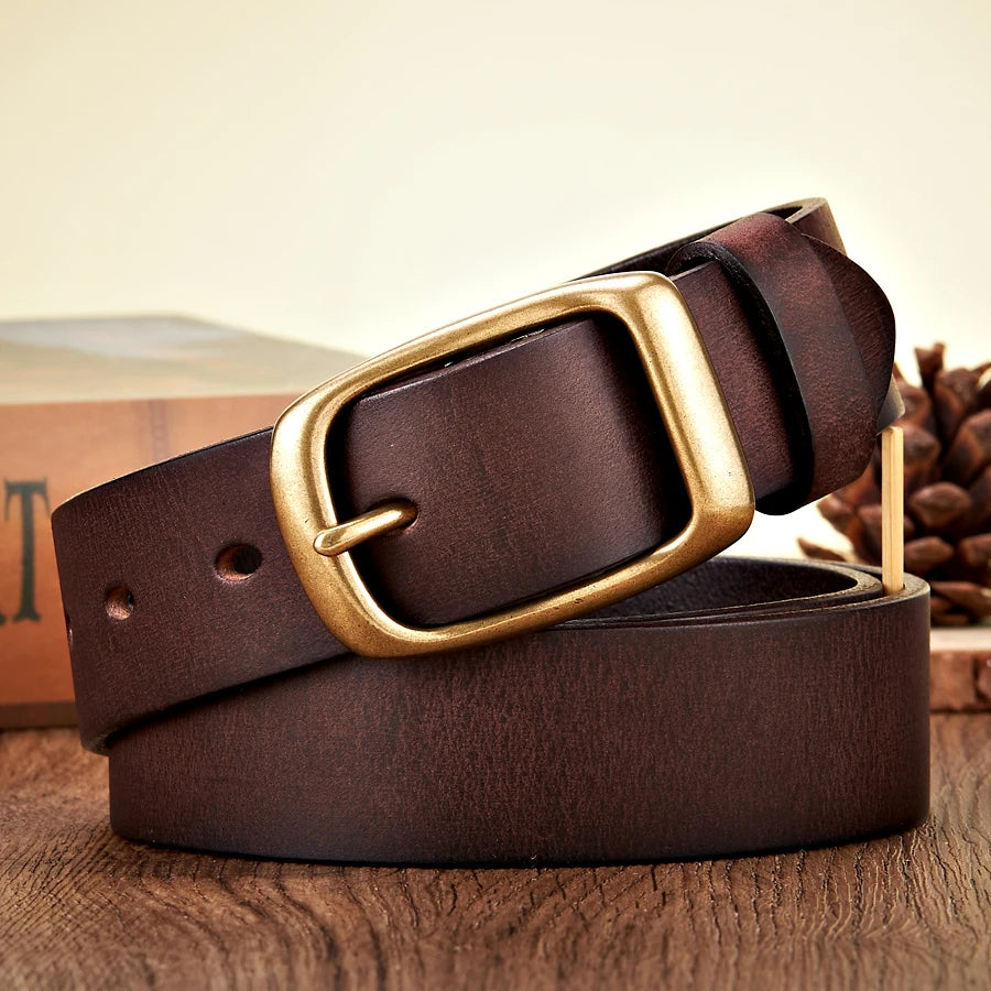 High Quality Men's Cowhide Belt - Vintage Copper Buckle