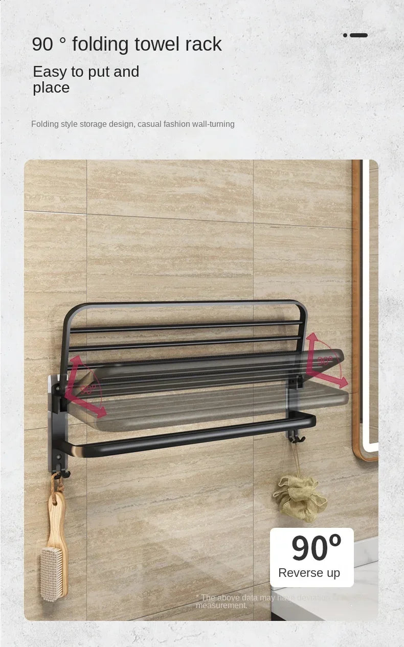 40/50/60CM No Drilling Towel Rack Fold Self-adhesive Wall Hanger Rail Bracket Black Aluminum Shower Bathroom Accessories Holder