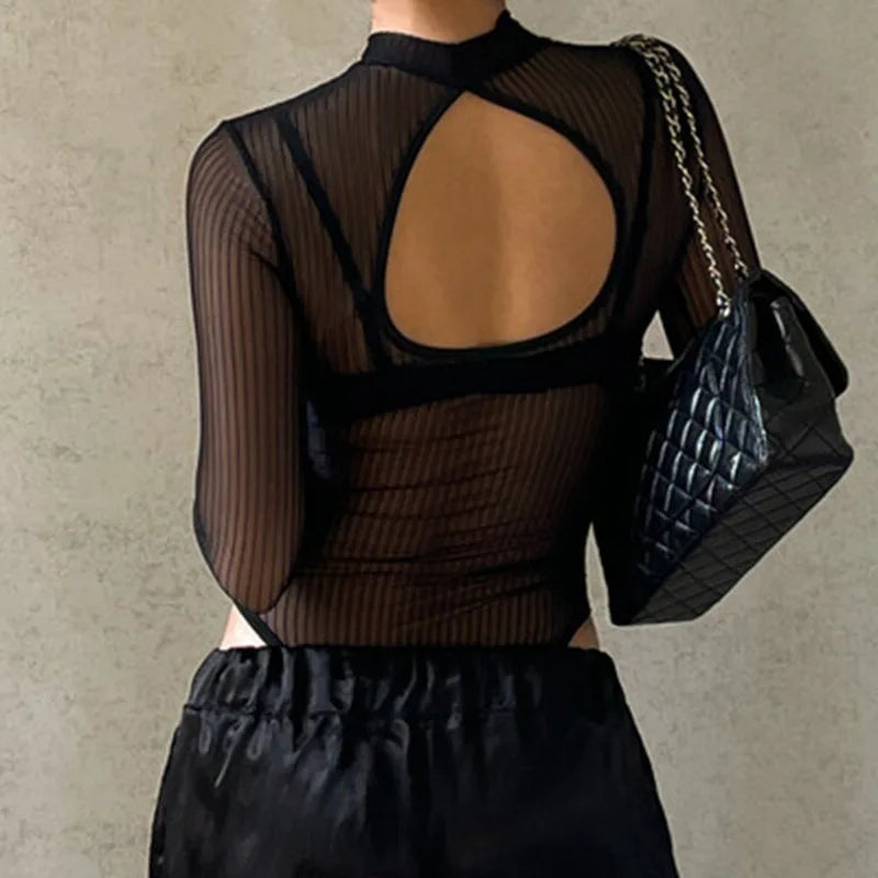 Sexy Black Mesh Bodysuit Long Sleeves Mock Neck
