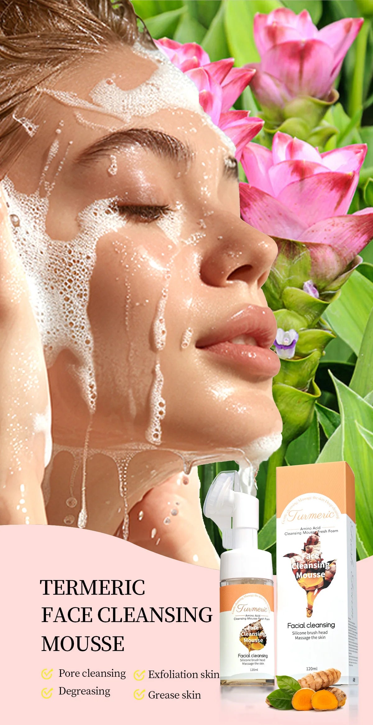 Turmeric Cleansing Mousse, Deep Cleansing, Turmeric Essence Brightens the Skin, Refreshing and Oil-Controlling Cleanser