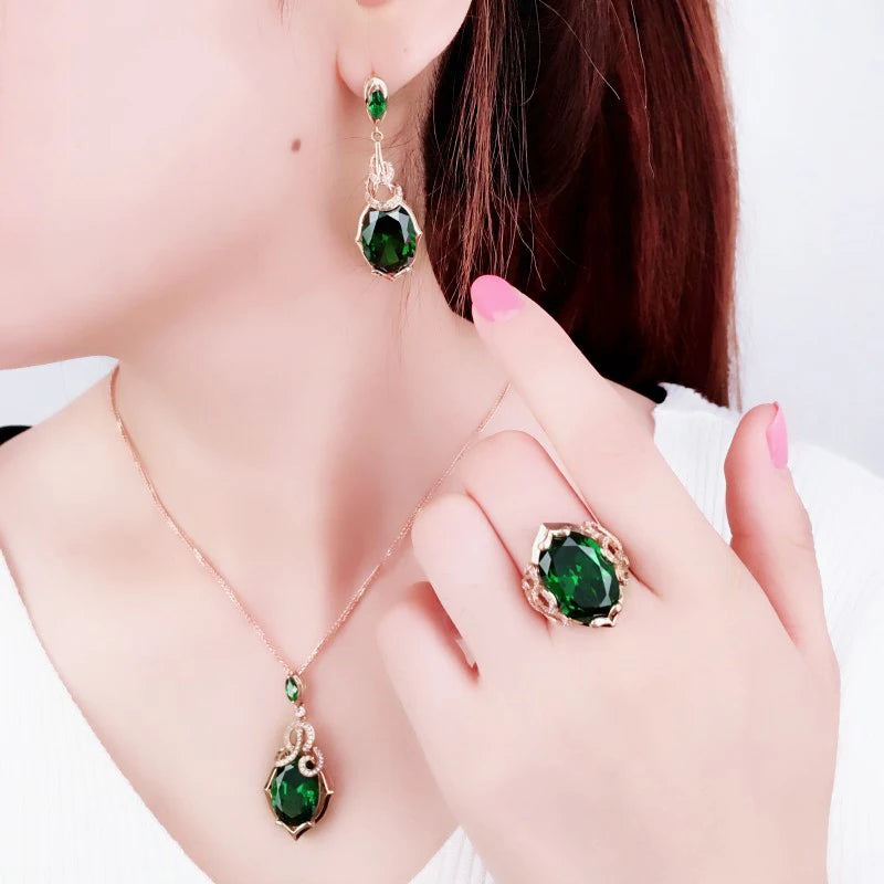 Luxurious 14K Rose Gold Emerald Jewelry Set