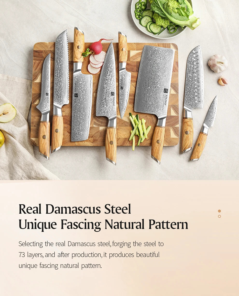 XINZUO 1-8pcs Kitchen Knife Set 73 Layers Custom Damascus Steel 15°±1 Per Side Steel Blade with Olive Wood Handle - Daisan Mart