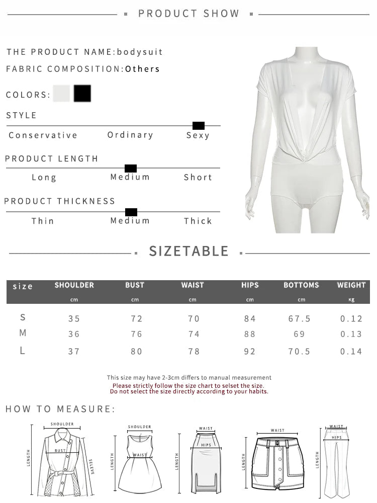 Nibber Deep v-Neck Bodysuits Women Folds Skinny High Elasticity Solid Simple Classic Sexy Midnight Summer Streetwear Outfits