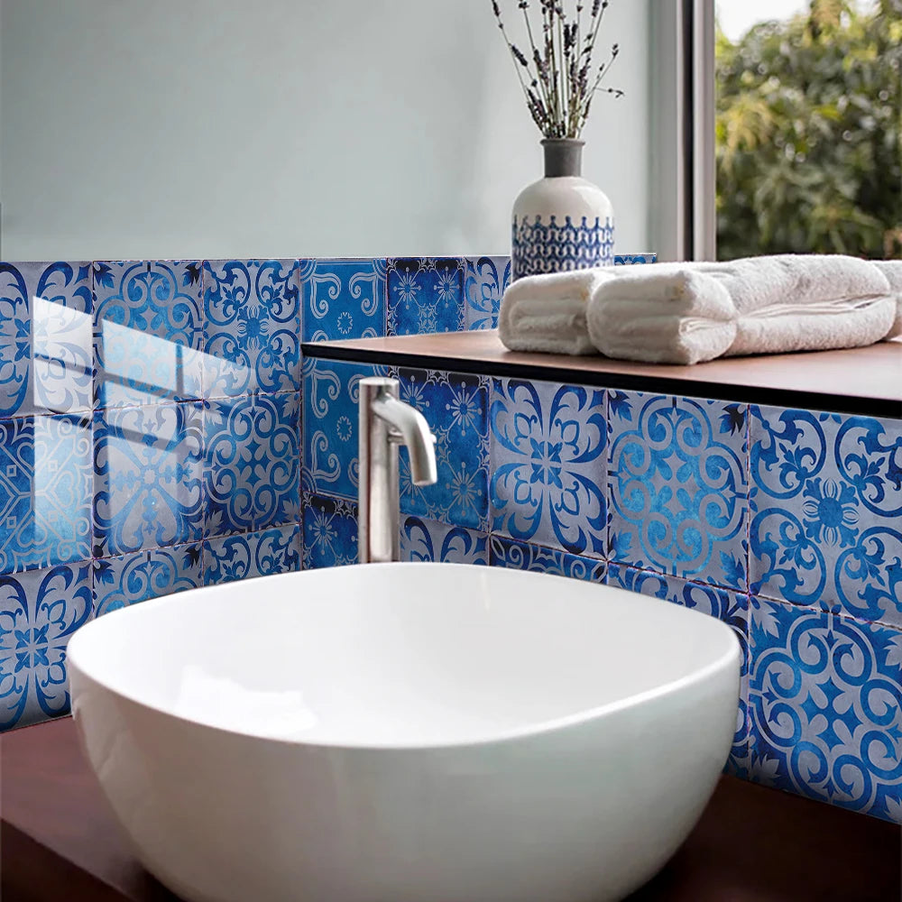 10pcs/set Dream Blue Tile Sticker Kitchen Backsplash Oil-proof Bathroom Waterproof Home Decor Wall Decals Peel &amp; Stick Art Mural