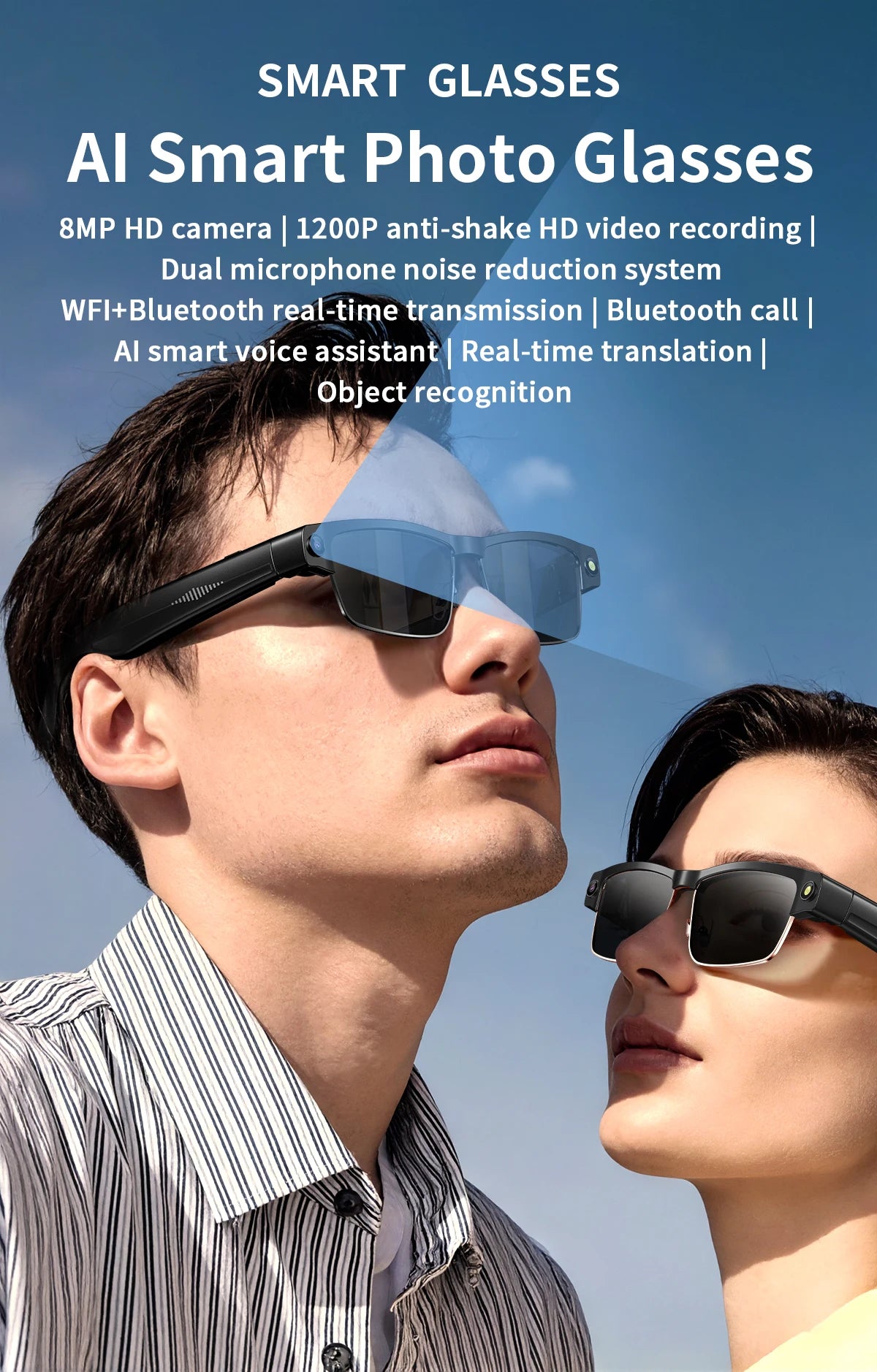 Sunglasses Smart Glasses 8 Million Pixels Recording Videos AI Photo Recognition Answer Translation 270mAh Bluetooth Glasses New