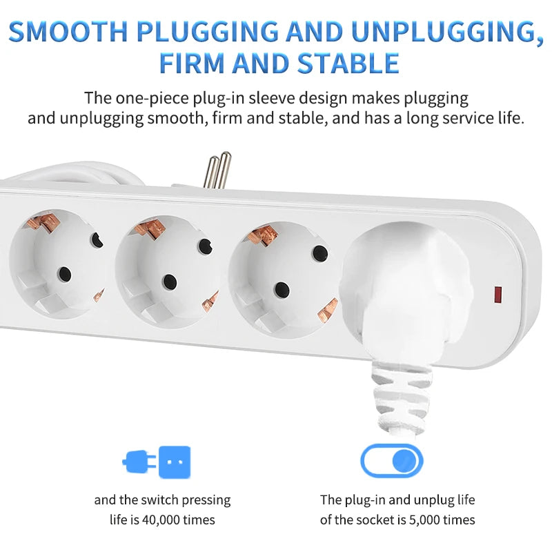 Ổ Cắm Điện EU 3/4/5 Cổng, Công Tắc Riêng, Dây 2m