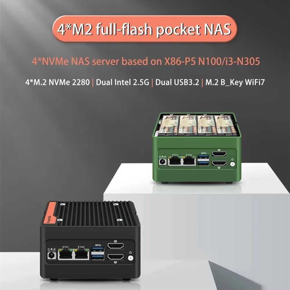 Hot 4 x NVMe Mini NAS Server 4 Bay NAS N100 i3 N305 Pocket PC with Dual LAN,Dual HDMI 2.0,USB3.2 Gen2,Support BT5.4/WiFi6/WiFi7