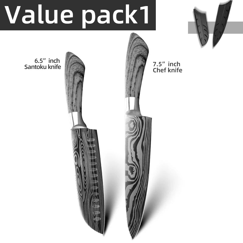 Japanese Santoku Kitchen Knife Set 7Cr17 440C Damascus Pattern