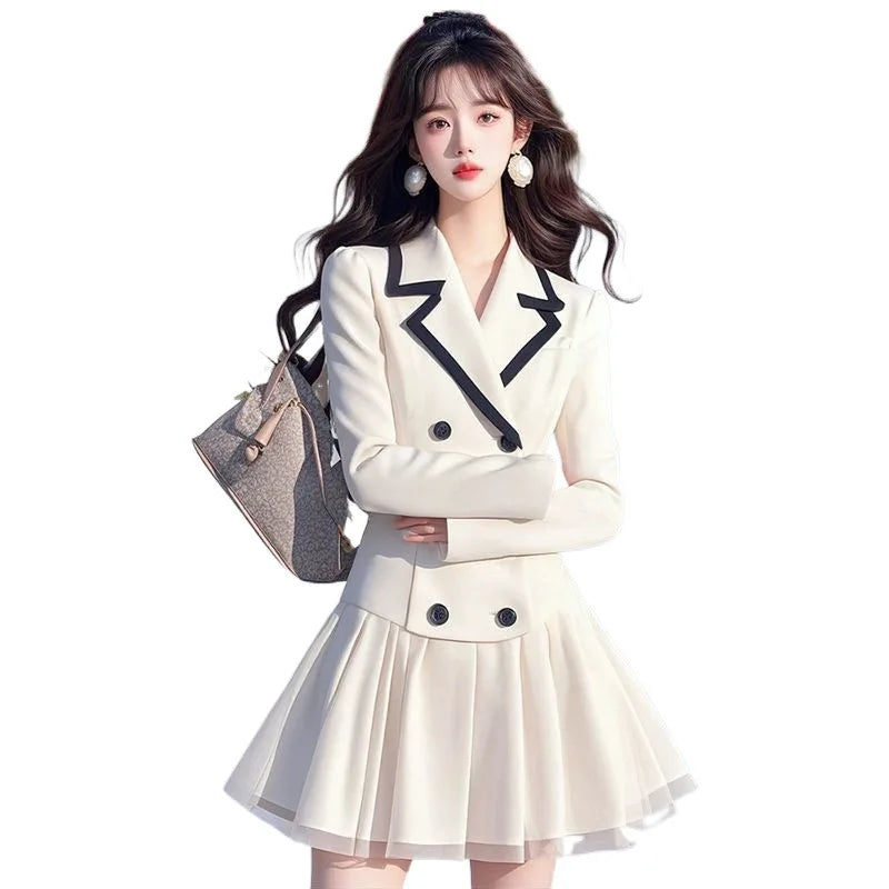 Office Blazer Dress Women Elegant Preppy Style Pleated Blazer Short Dress Fashion double-breasted Lapel Party Evening Dress Y2K - Daisan Mart