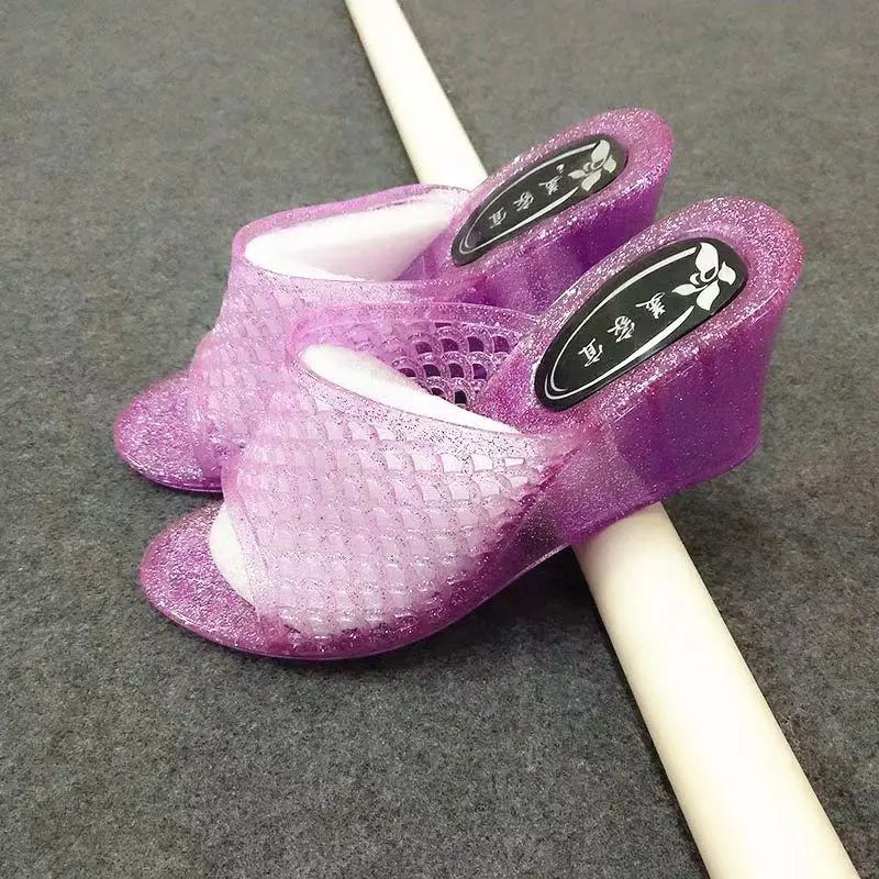 Summer Women's Causal One Word Slippers Soft Bottom Non Slip Slope Heeled Transparent Crystal Home Slippers Bathroom Slippers