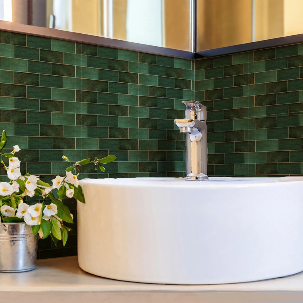 10Pcs Set Retro Dark Green Brick Wall Stickers Mosaic Tile Sticker Bathroom Kitchen Home Wall Background Embellishment