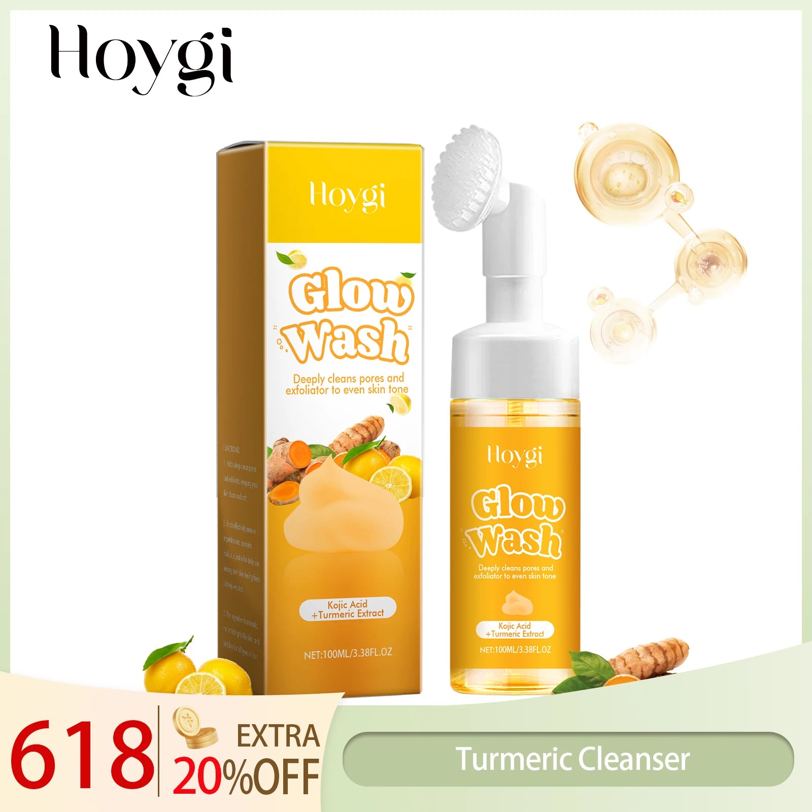 Hoygi Turmeric Facial Cleanser Natural Organic Gentle Formula Deep Cleanse Oil-Control Anti-Oxidant Brightening All Skin Types