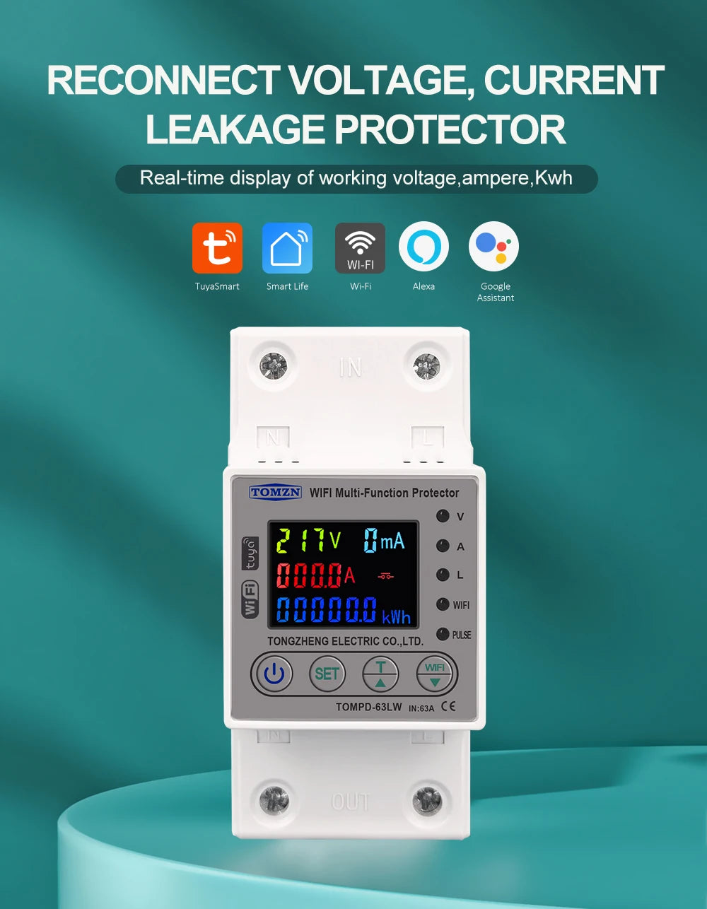 TOMZN 63A WIFI Smart Switch TUYA Energy Meter Kwh Metering Circuit Breaker Timer with voltage current and leakage protection