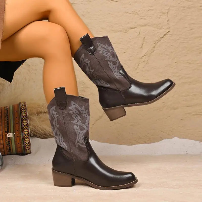 ###Bốt Da Cao Cổ Thêu Nữ 2025 - Phong Cách Viễn Tây