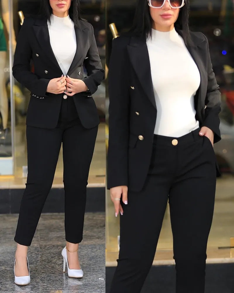 Office Lady Elegant Solid Two Piece Sets New Autumn Winter Women Fashion Lapel Long Sleeve Blazer & High Waist Work Pants Suit - Daisan Mart