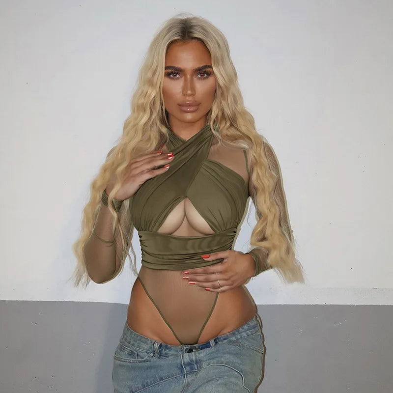 Nsauye Sexy Tights Long Sleeve High Waist Hollow Out Night Club Fashion Women Bodysuit Tops Y2K One Pieces Skinny Rompers 2025