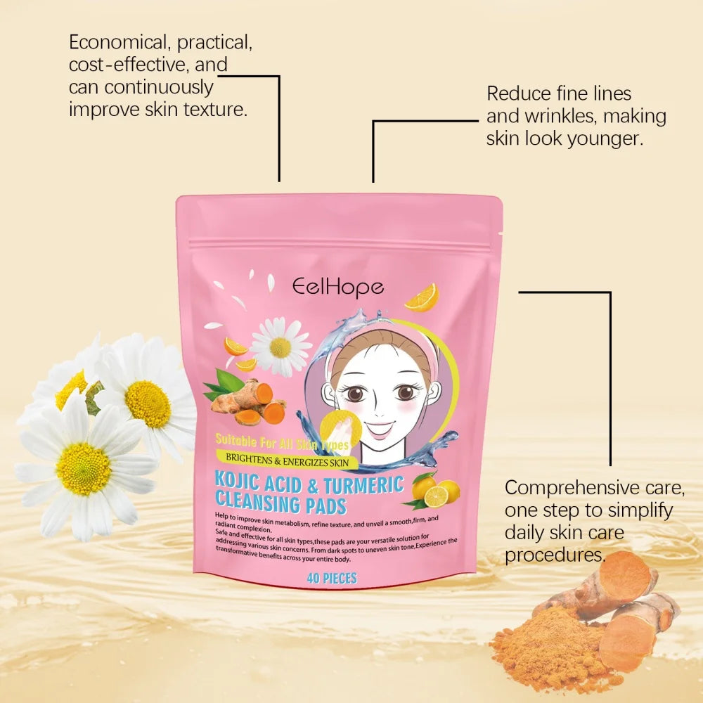 Turmeric Face Cleanser 40pcs Turmeric Kojic Acid Facial Exfoliating Cleansing Pads Reduce Dark Spots Skin Brightening Face Wash