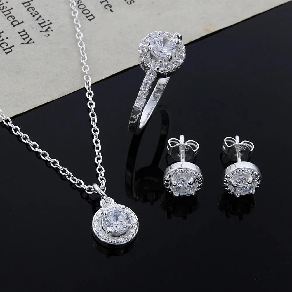 Bộ Trang Sức Bạc Đá Zircon: Dây, Nhẫn, Bông Tai