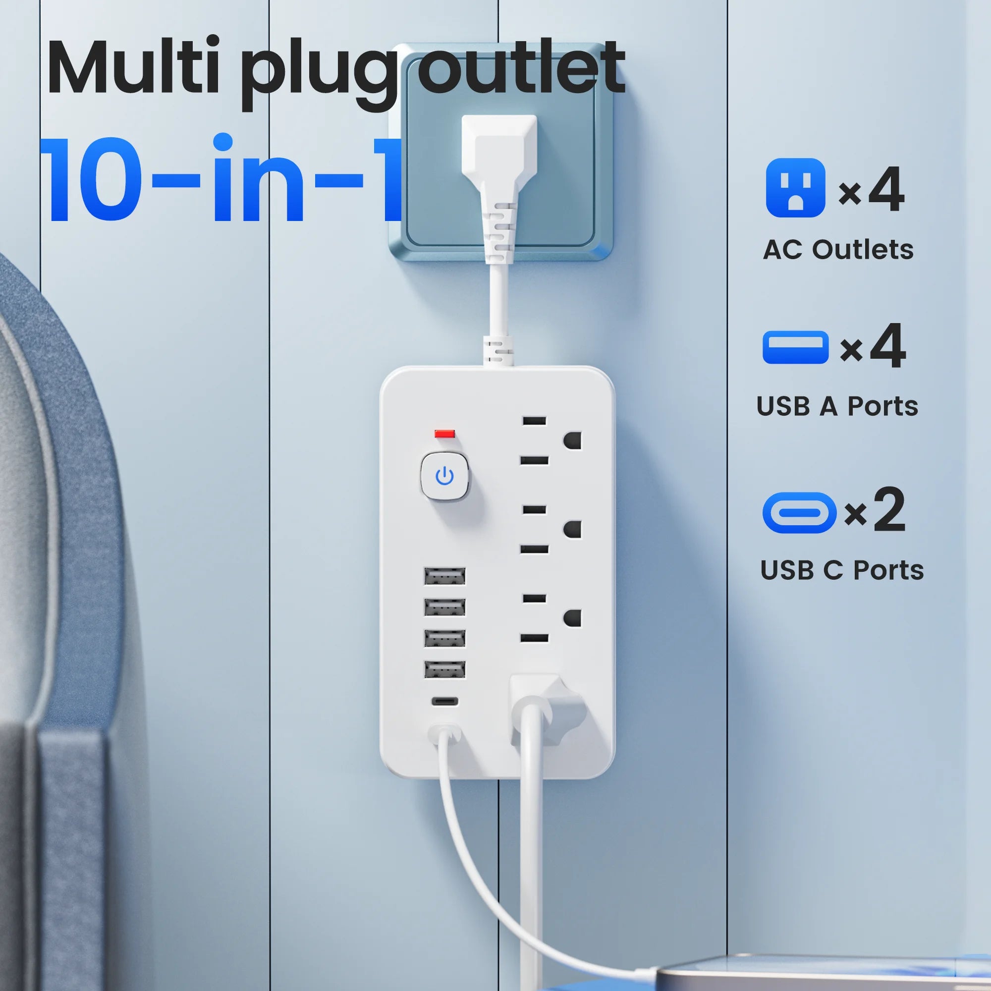 Ổ Điện 10in1 Đa Năng, 4 USB-C, Chống Sét, Bảo Vệ An Toàn