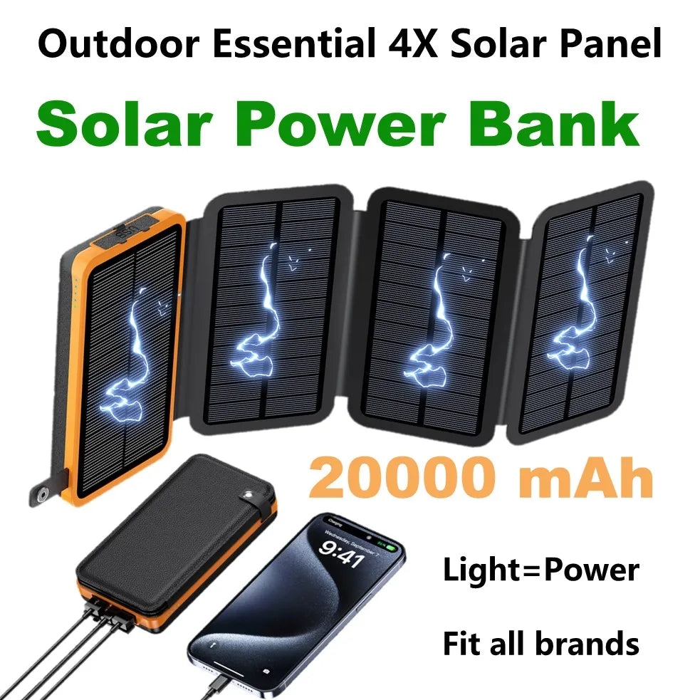 4-Panel 20000mAh Solar Power Bank for Travel