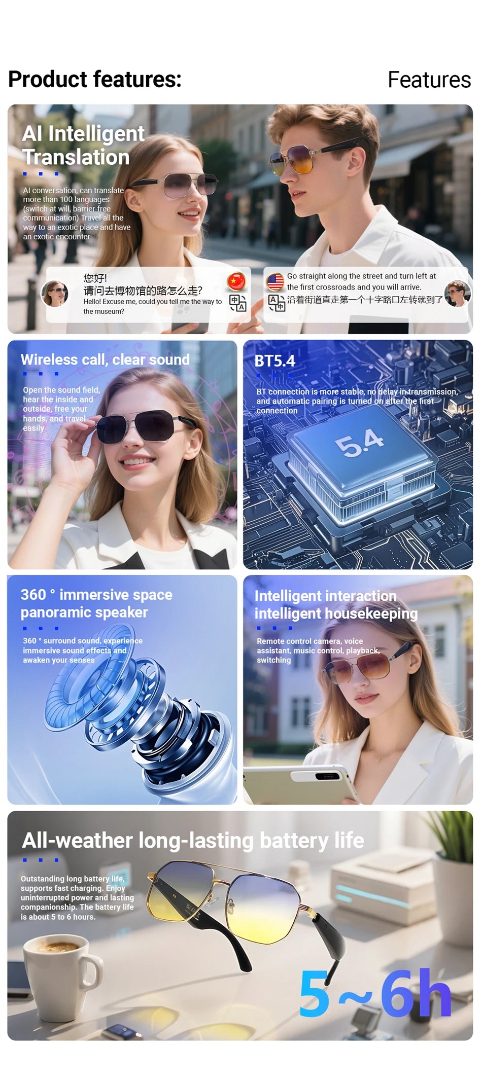 LIGE Ai Smart Bluetooth Glasses 100+Languages ​​Translation Real-time Q&amp;A BT5.4 Music UV Protection Smart Sunglasses for Men Women