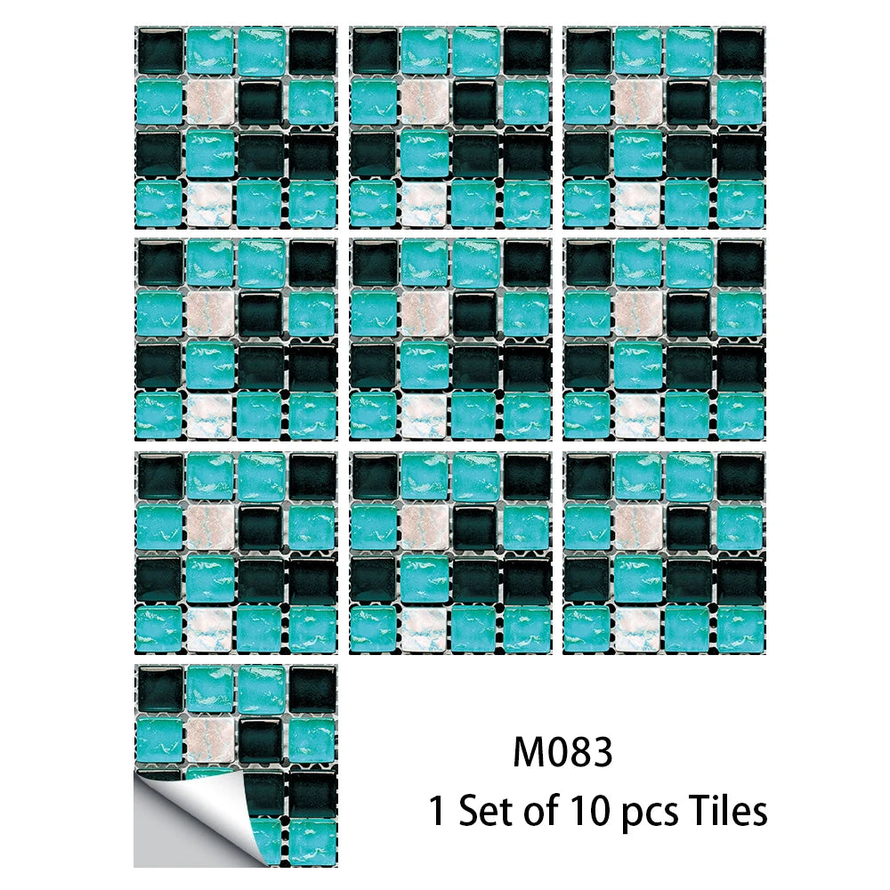 10pcs Flat Mosaic Style Tiles Sticker Kitchen Bathroom Waterproof &amp; Oilproof Art Wall Sticker Peel &amp; Stick Surface Glossy Film