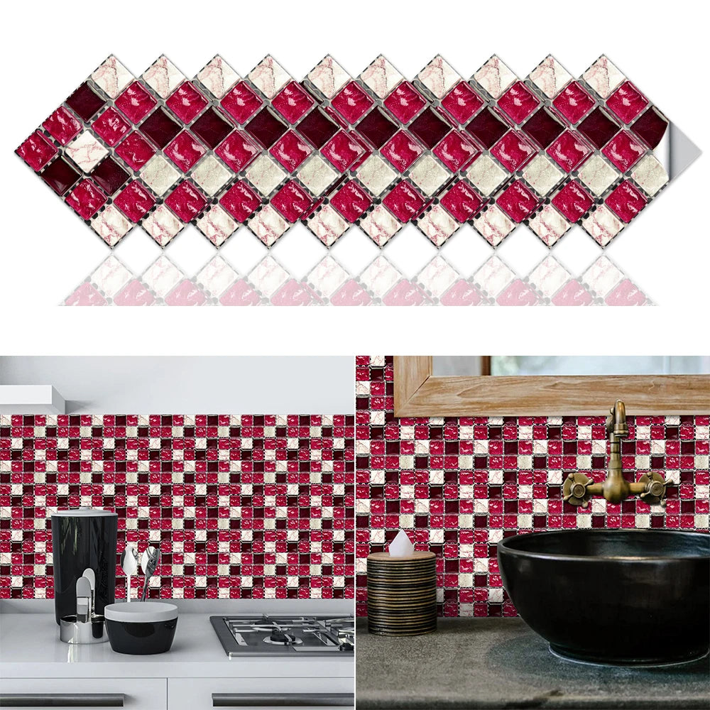 10pcs Flat Mosaic Style Tiles Sticker Kitchen Bathroom Waterproof &amp; Oilproof Art Wall Sticker Peel &amp; Stick Surface Glossy Film