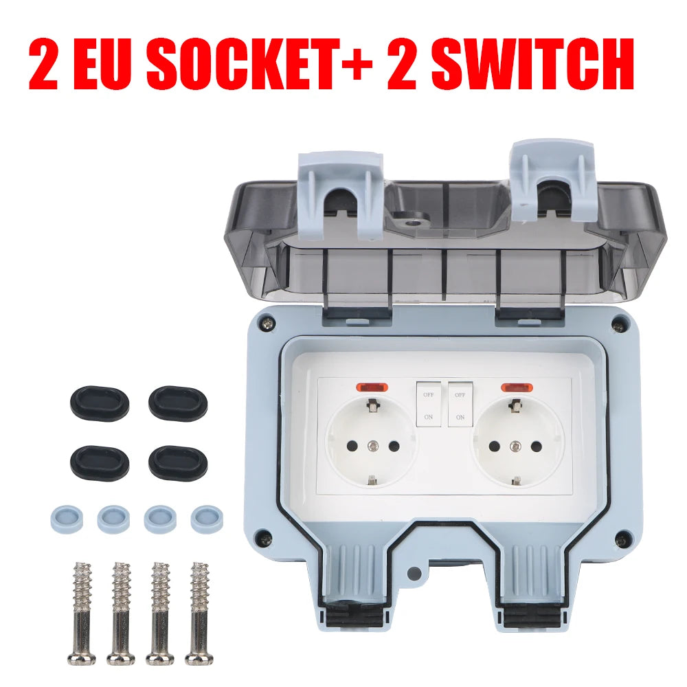 IP66 Outdoor Double Socket With USB, 16A Switch