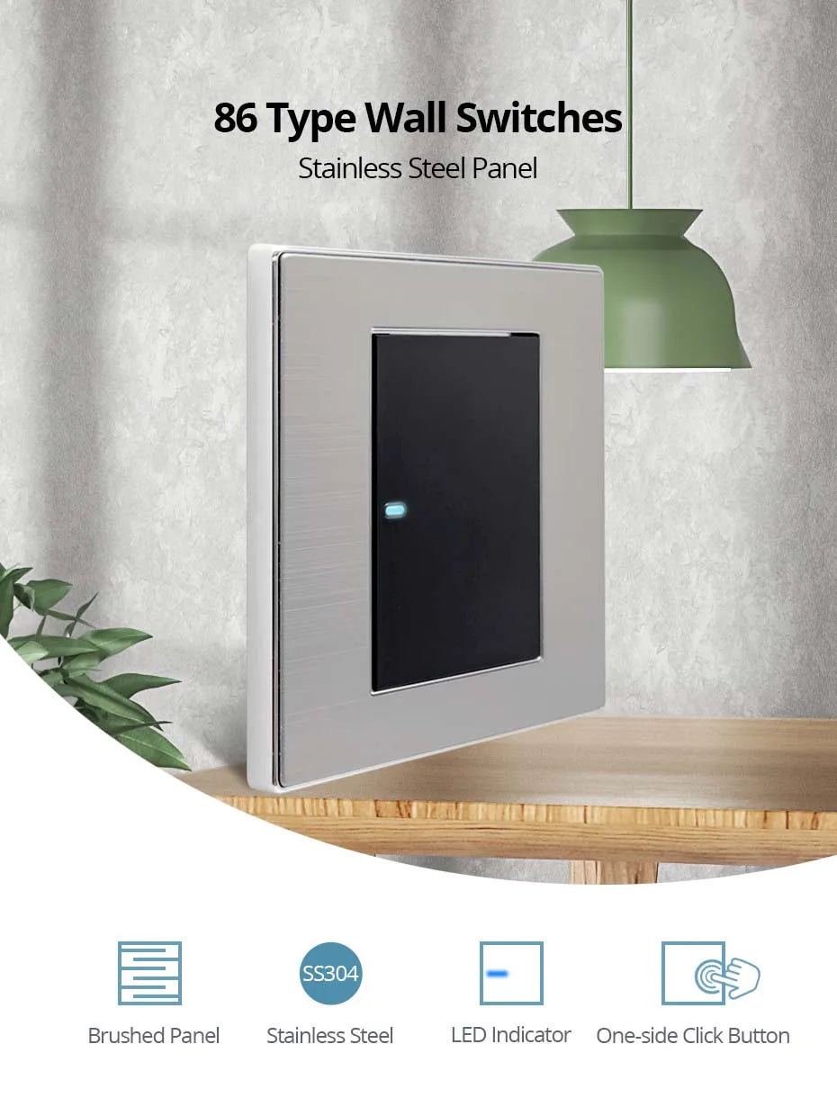 Công tắc đèn âm tường 2 chiều, thép không gỉ, LED.