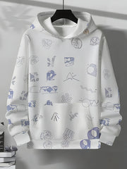 Áo hoodie trắng có họa tiết xanh lam và tím nhạt, với nhiều hình dạng trừu tượng nhỏ.