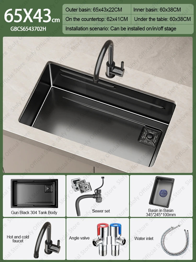 304 Stainless Steel Kitchen Sink Black Single Bowl Thickened Material Wear-Resistant Vegetable Workstation Drainage Accessories - Daisan Mart