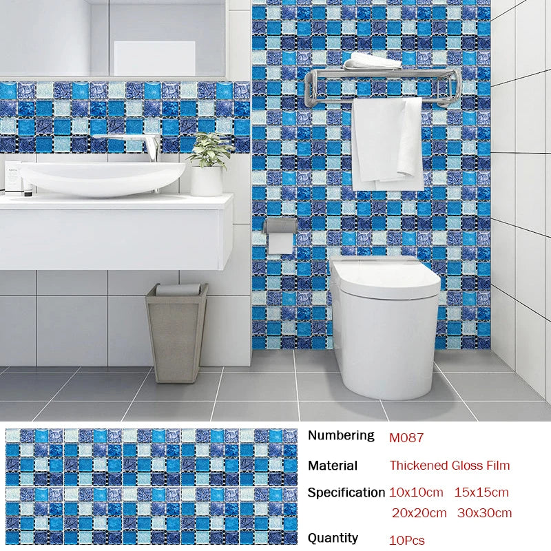 10pcs Flat Mosaic Style Tiles Sticker Kitchen Bathroom Waterproof &amp; Oilproof Art Wall Sticker Peel &amp; Stick Surface Glossy Film