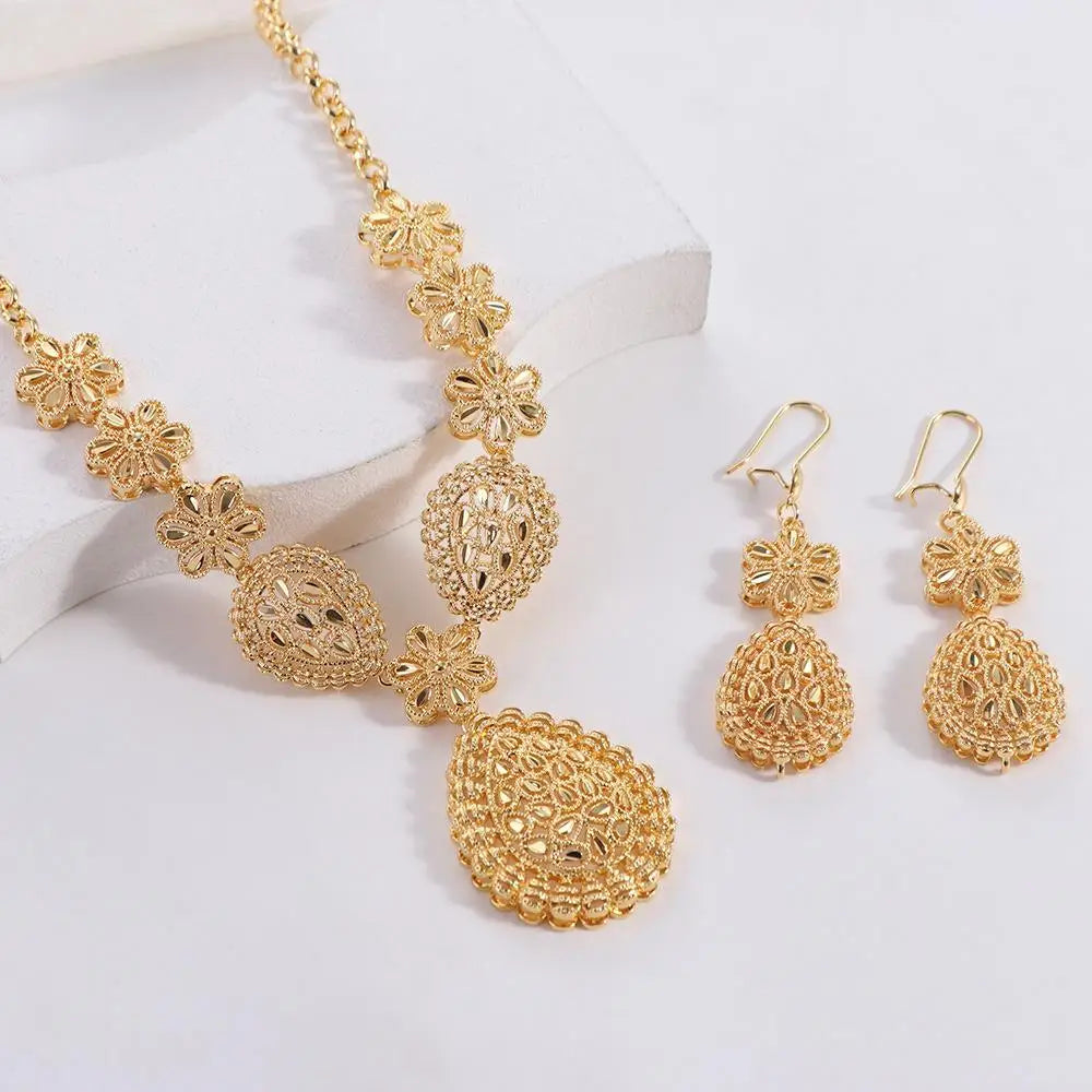 24K Dubai Gold Jewelry Set Large Flower African Wedding