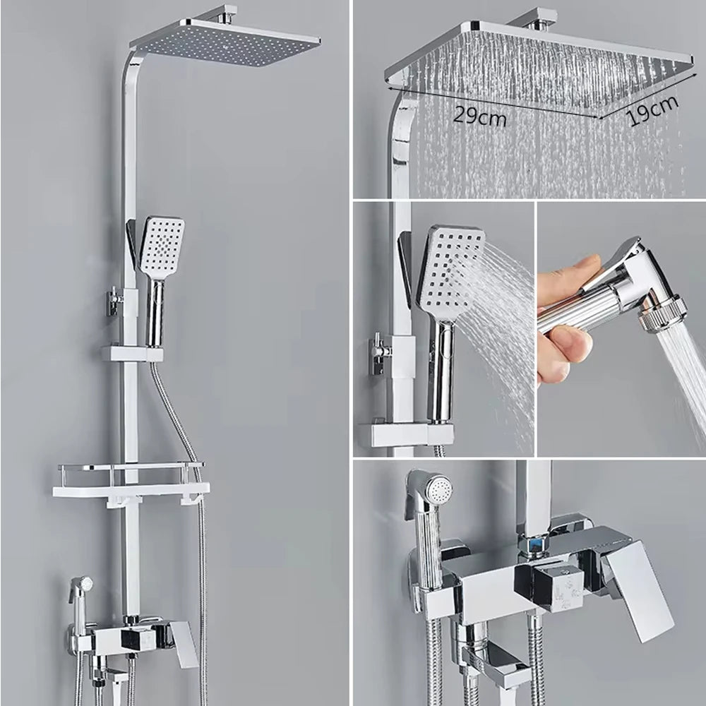 Chrome Brass Shower Faucet Set Rainfall Bathtub Tap With Bathroom Shelf 4 Function Height Adjust Shower Mixer Crane Fast Delivey