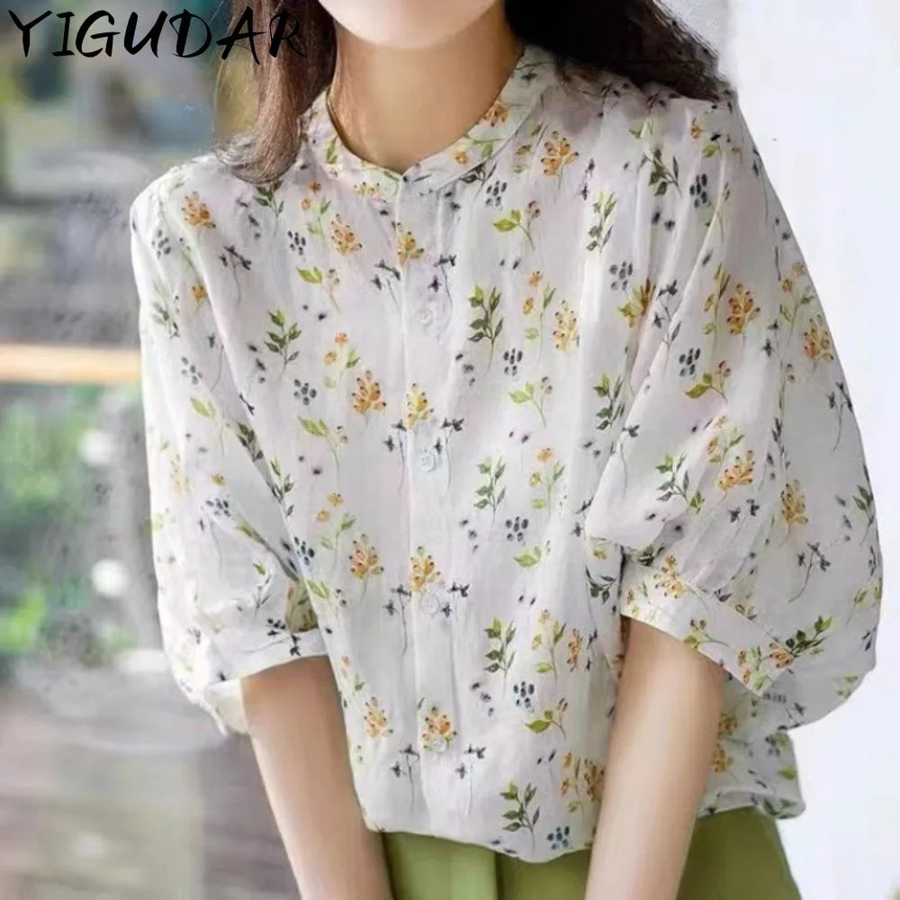 Women Shirt 2024 Spring New Arrival Printed Floral Shirt Stand Collar Neck Long Sleeve Elegant Blouse Top