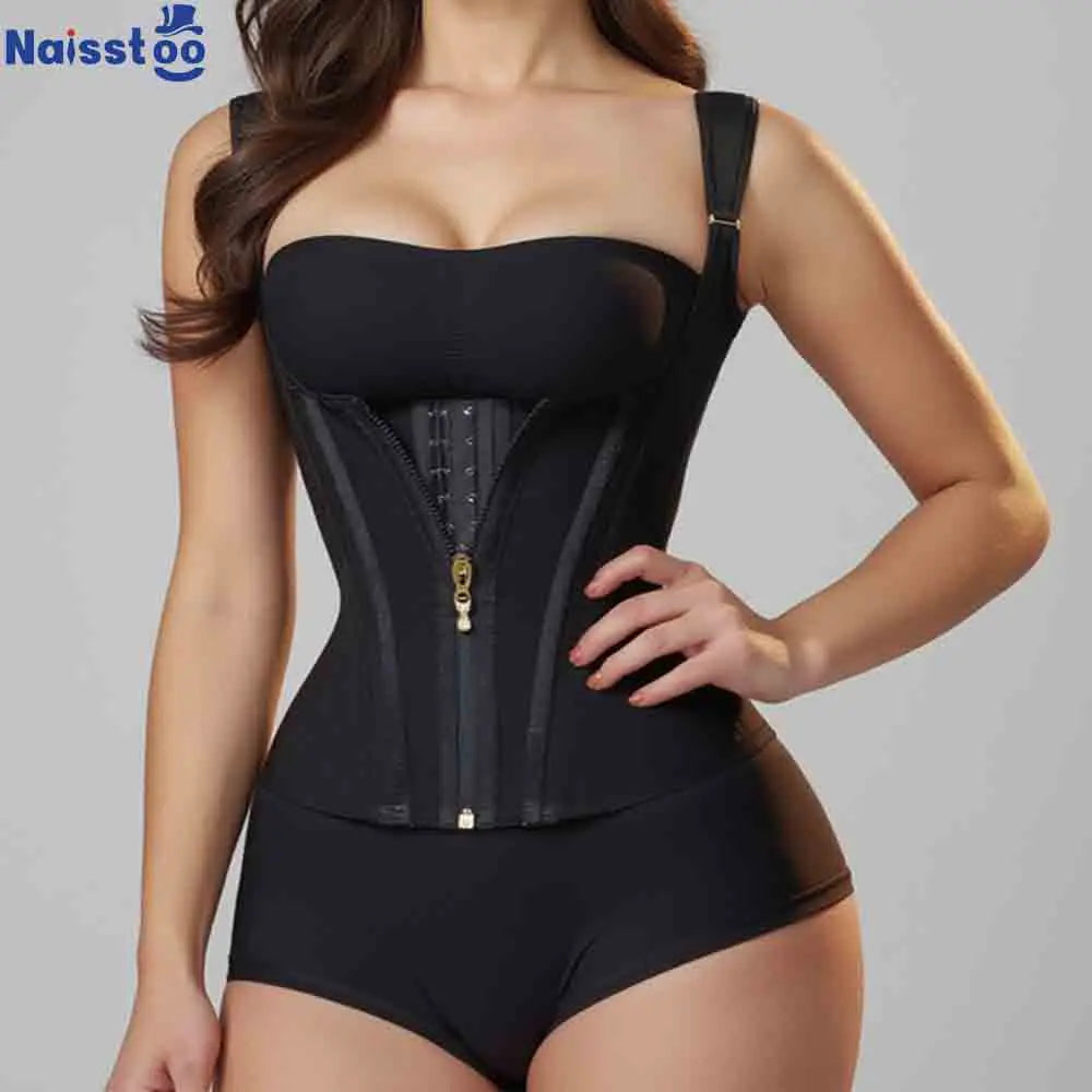 Người phụ nữ mặc áo corset đen, tay đặt cạnh eo, nền xám nhạt.