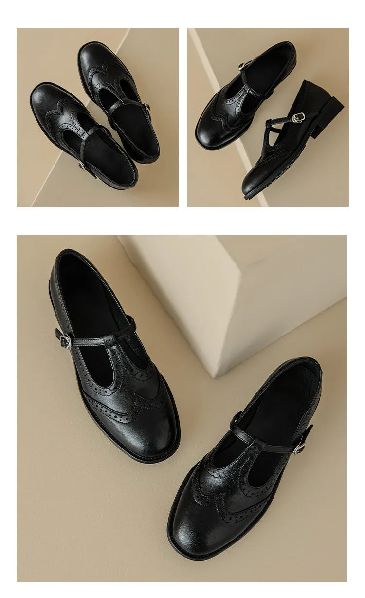 Women's Retro Oxford Shoes Vintage Perforated Genuine Leather