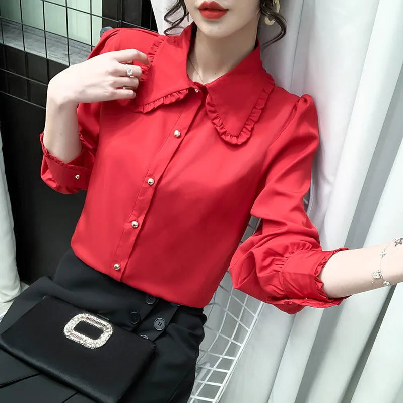 Elegant Women Shirts Woman White Shirt Long Sleeve Blouse Office Lady business Shirts Button Solid Women work Blouses Top NS5961