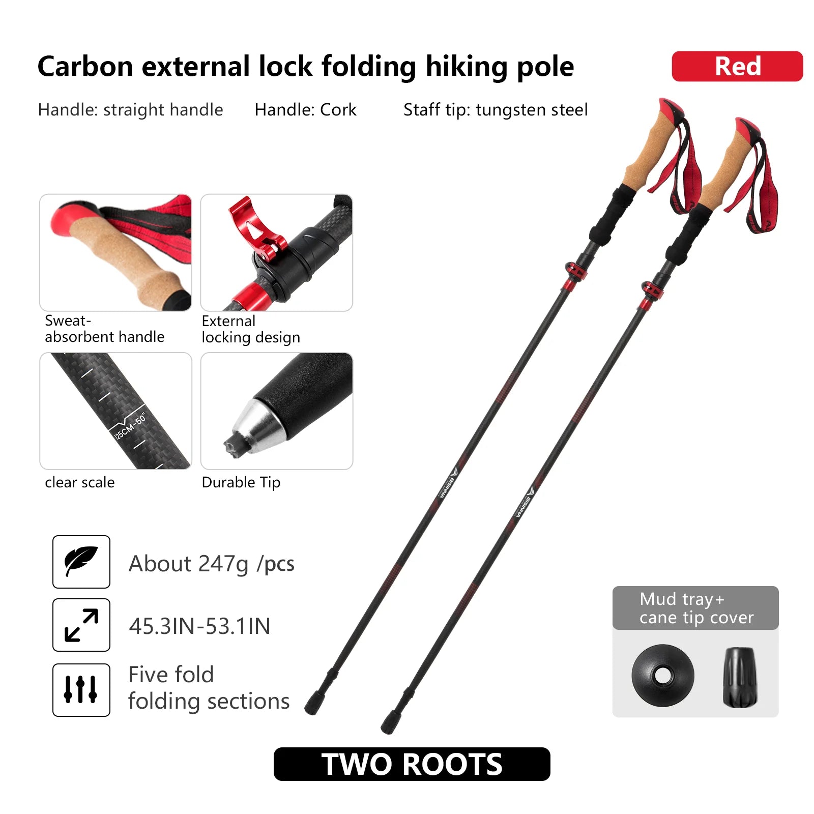 BISINNA Ultra Light 5-Section Folding Carbon Trekking Pole