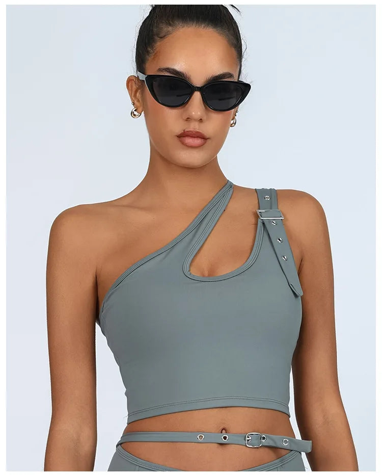 Yoga Tank Top with Built-in Bra Asymmetric Single Shoulder Quick-Dry Breathable High Elasticity Workout Gym Fitness Clothes - Daisan Mart