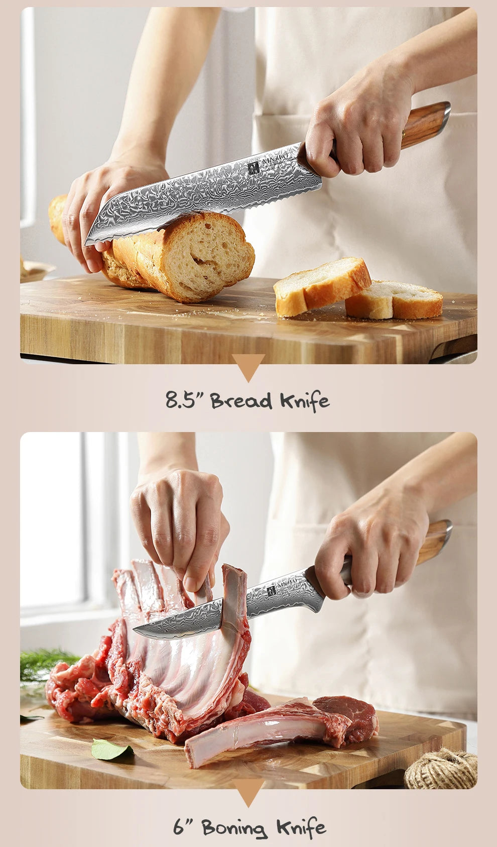 XINZUO 1-8pcs Kitchen Knife Set 73 Layers Custom Damascus Steel 15°±1 Per Side Steel Blade with Olive Wood Handle - Daisan Mart