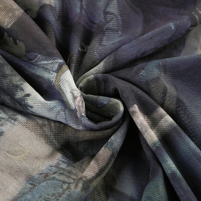 Goth Dark 90s Retro Print Mesh Long Sleeve Skinny Bodysuits Cyber ​​Y2K Sheer Tops Women Gothic Lace Patchwork Bodysuit Streetwear