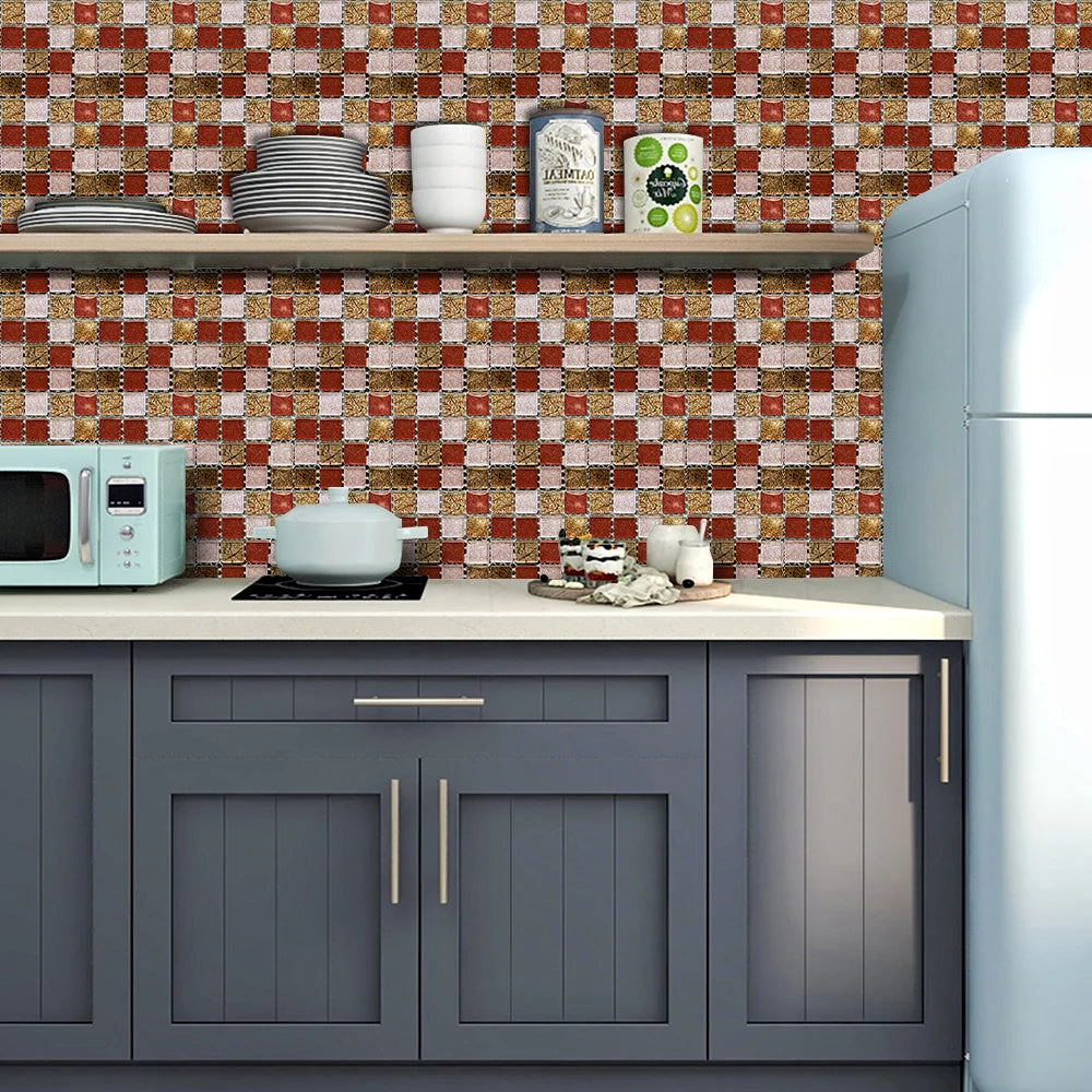 10pcs Flat Mosaic Style Tiles Sticker Kitchen Bathroom Waterproof &amp; Oilproof Art Wall Sticker Peel &amp; Stick Surface Glossy Film