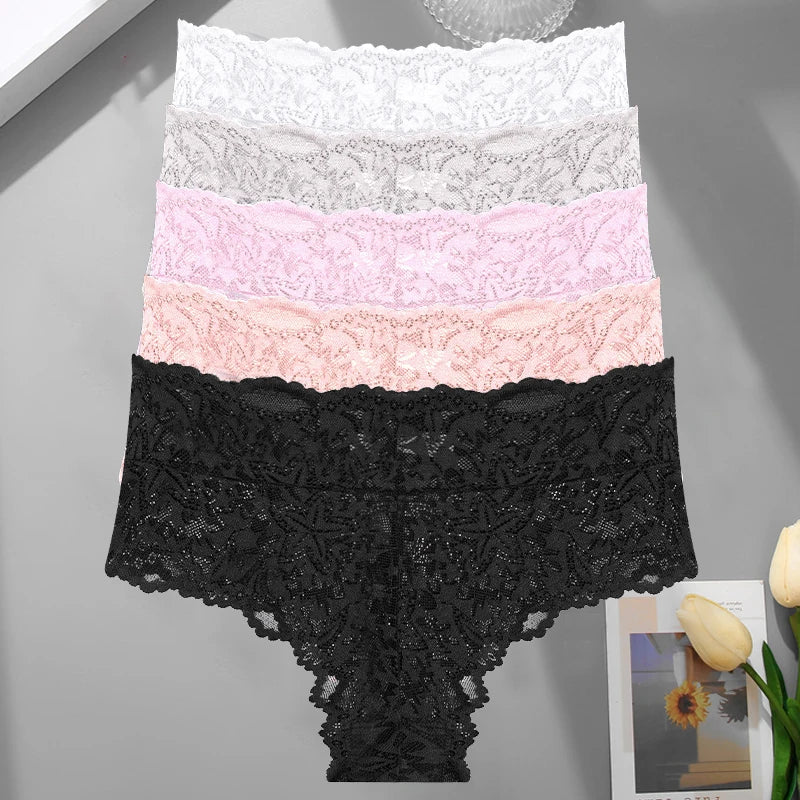5PCS Women's Sexy Lace Star High Waist Thongs Solid Color Hollow Out Transparents Underwear Female Perspective G-strings S-XXL
