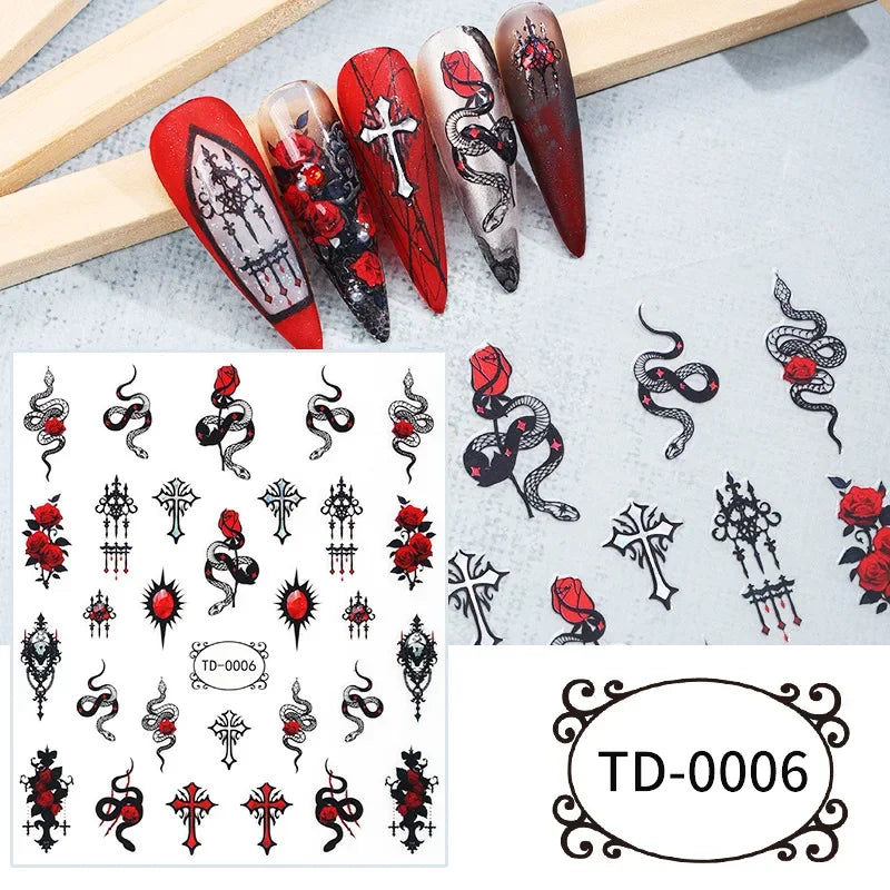 3D黑色紫色萬聖節美甲貼紙 哥德骷髏玫瑰蝴蝶美甲貼花 節日美甲裝飾 美甲滑塊